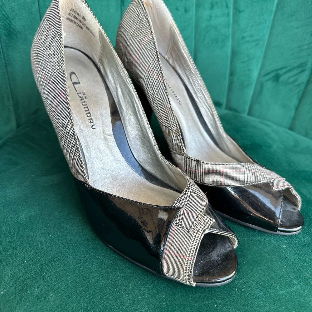 CL by Laundry Black and Plaid Peep Toe Heels